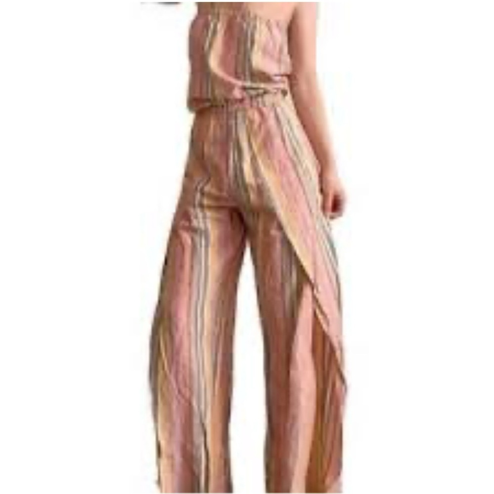 Anthropologie Strapless Striped Jumpsuit Tulip Slit Leg Size M Linen
Blend